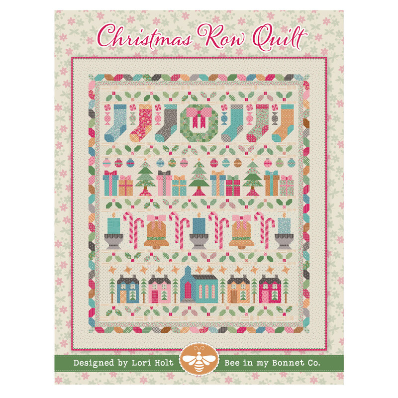 Digital spread of the finished Christmas Row Quilt pattern isolated on a floral background.