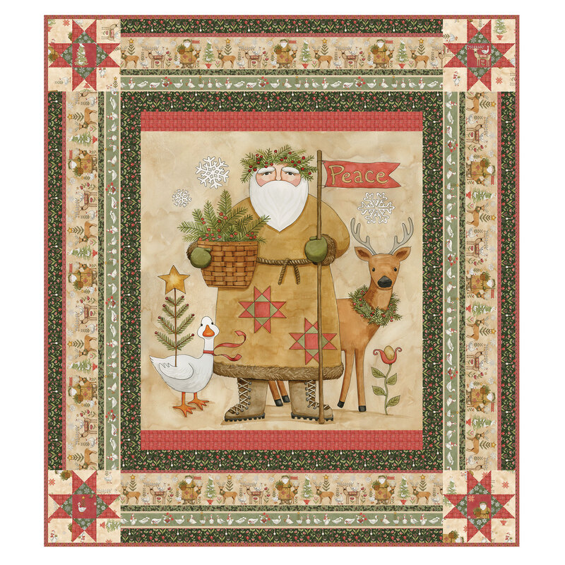 A digital mockup of the Waddle's Christmas Panel Quilt kit featuring a rustic Santa in the forest with ohio star corners isolated on a white background.