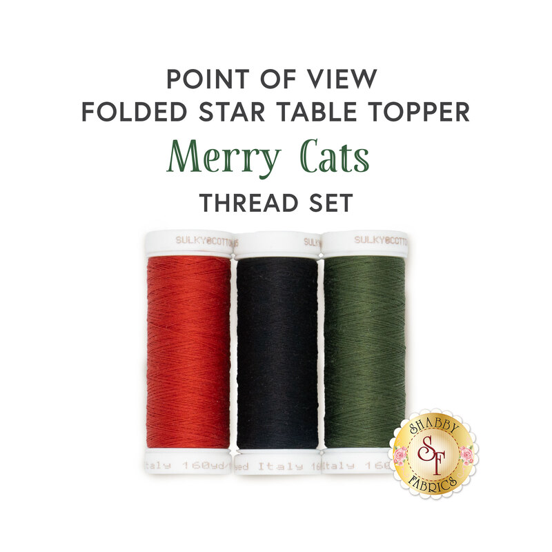 Three spools of red, black, and green thread, isolated on a white background. 