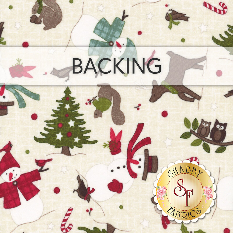 Cream swatch of fabric with tossed winter motifs like trees, snowmen, and reindeer; a transparent banner at the top reads "Backing." 