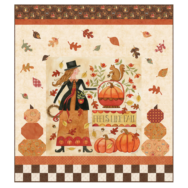A digital mockup of the Feels Like Fall Panel Quilt kit featuring a woman picking pumpkins with her squirrel friend with patchwork and appliqué isolated on a white background.