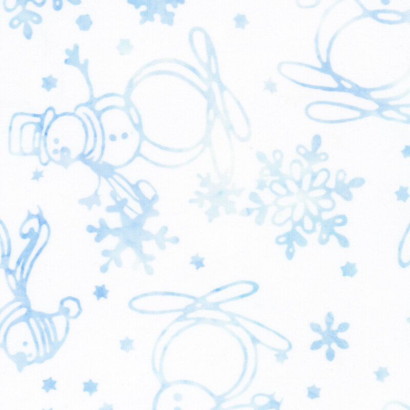 Mottled white batik with a tossed pattern of snowmen and snowflakes.