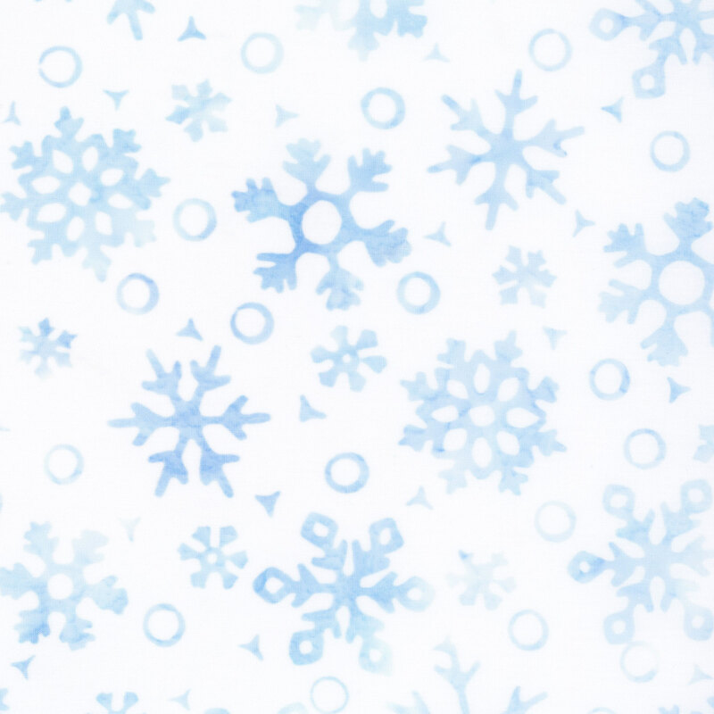 Mottled white fabric with a ice blue pattern of snowflakes and circles.