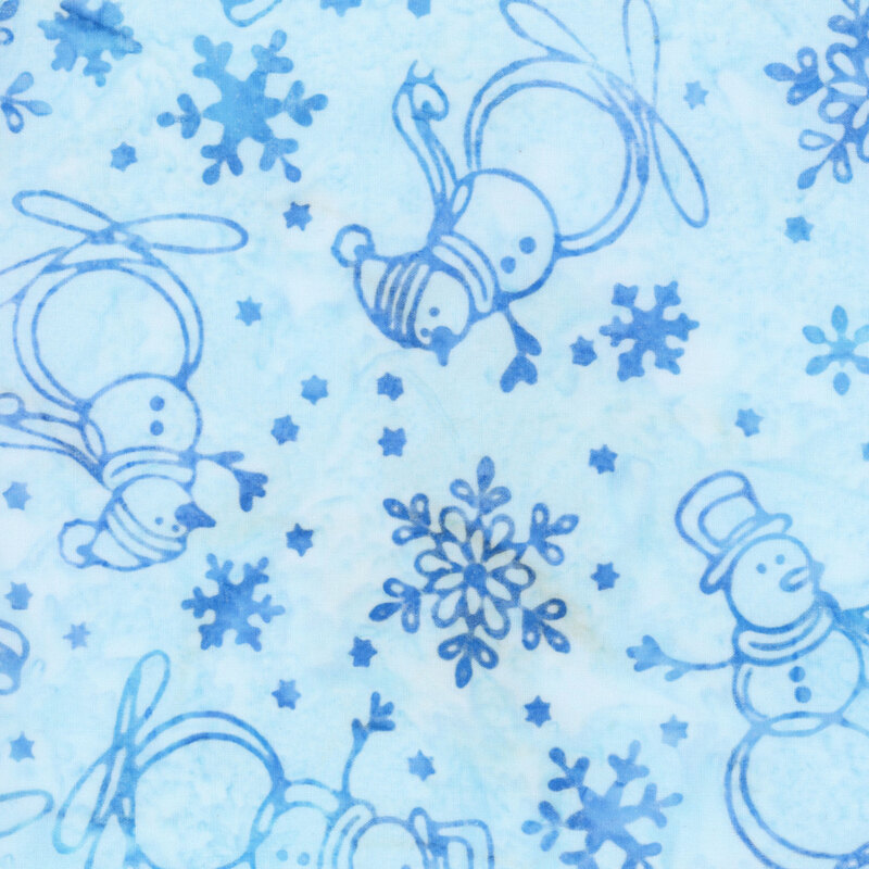 Mottled light blue batik with a tossed pattern of snowmen and snowflakes.