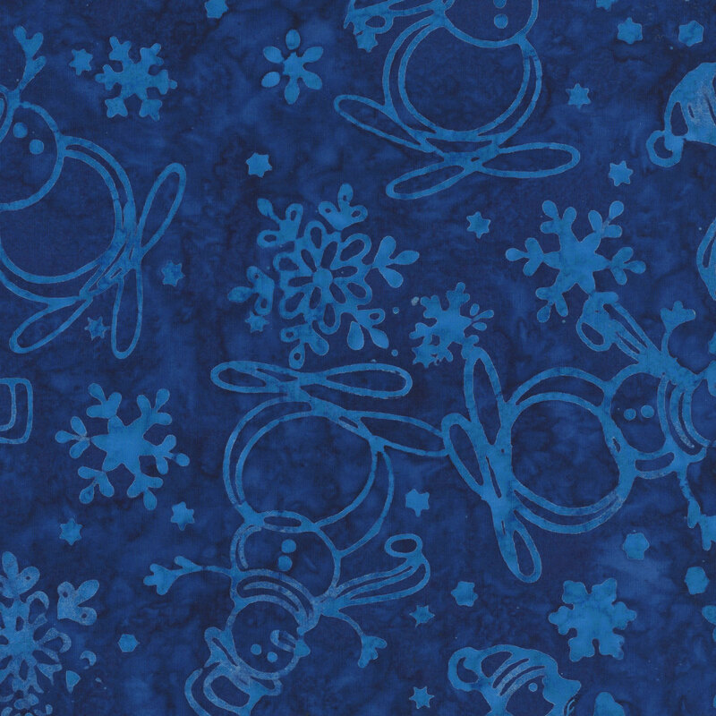 Mottled navy blue batik with a tossed pattern of snowmen and snowflakes.
