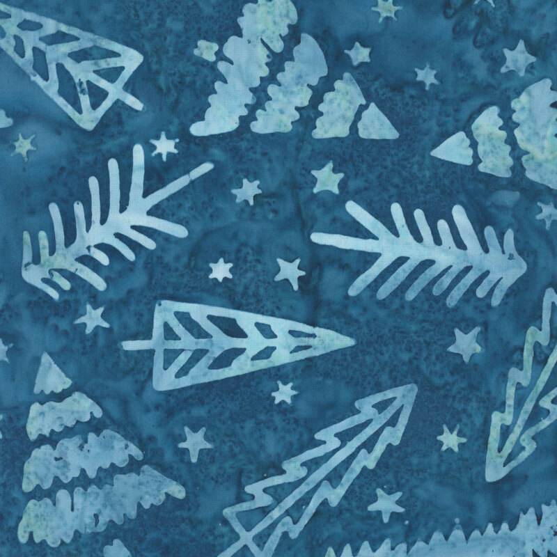 Mottled blue batik with a tossed pattern of Christmas trees and stars.