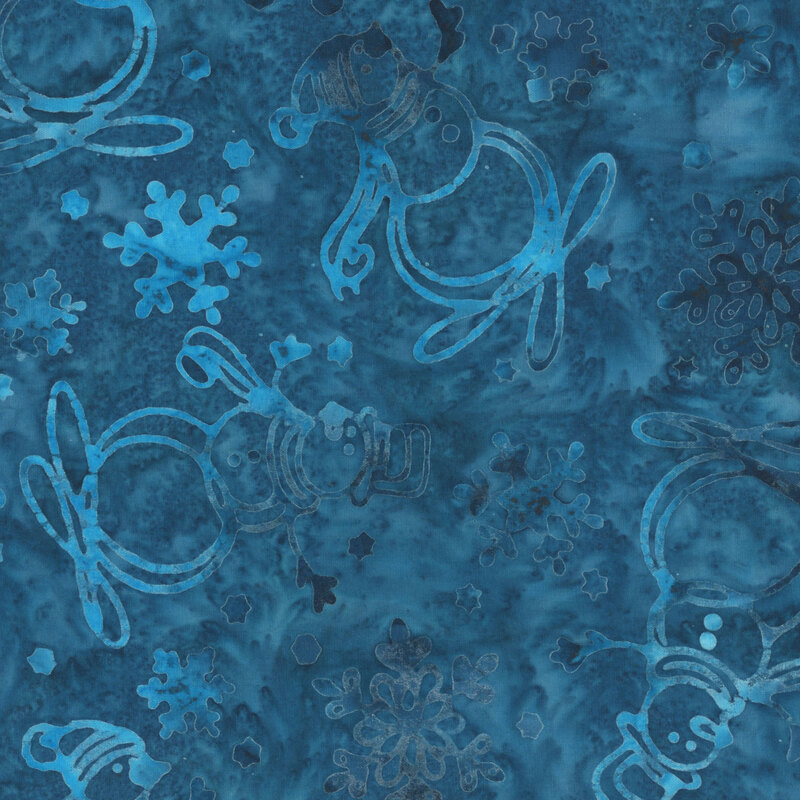 Mottled dark teal batik with a tossed pattern of snowmen and snowflakes.