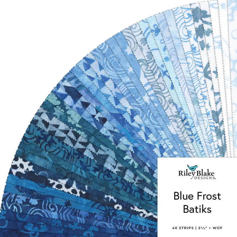 Blue and teal batik fabric swatches in a fan, labeled “Blue Frost Batiks.”