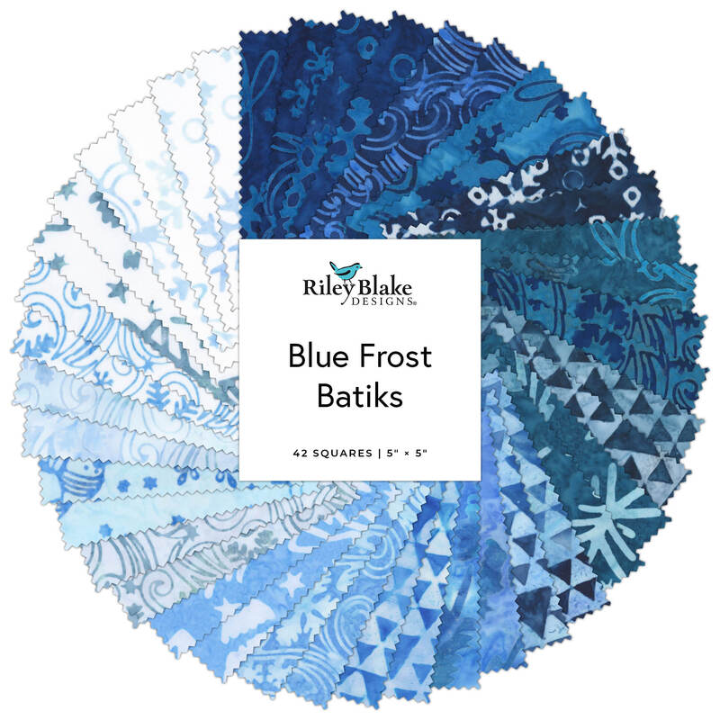 Blue frost batik fabric square set in blue and white patterns, arranged in a circle.