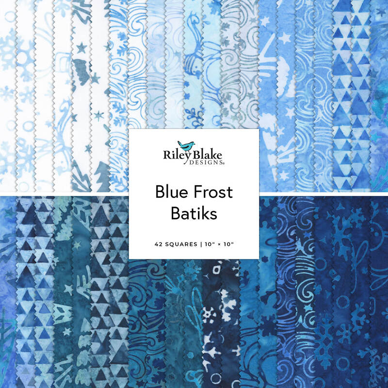 Blue and white batik fabric squares labeled “Blue Frost Batiks” by Riley Blake Designs.