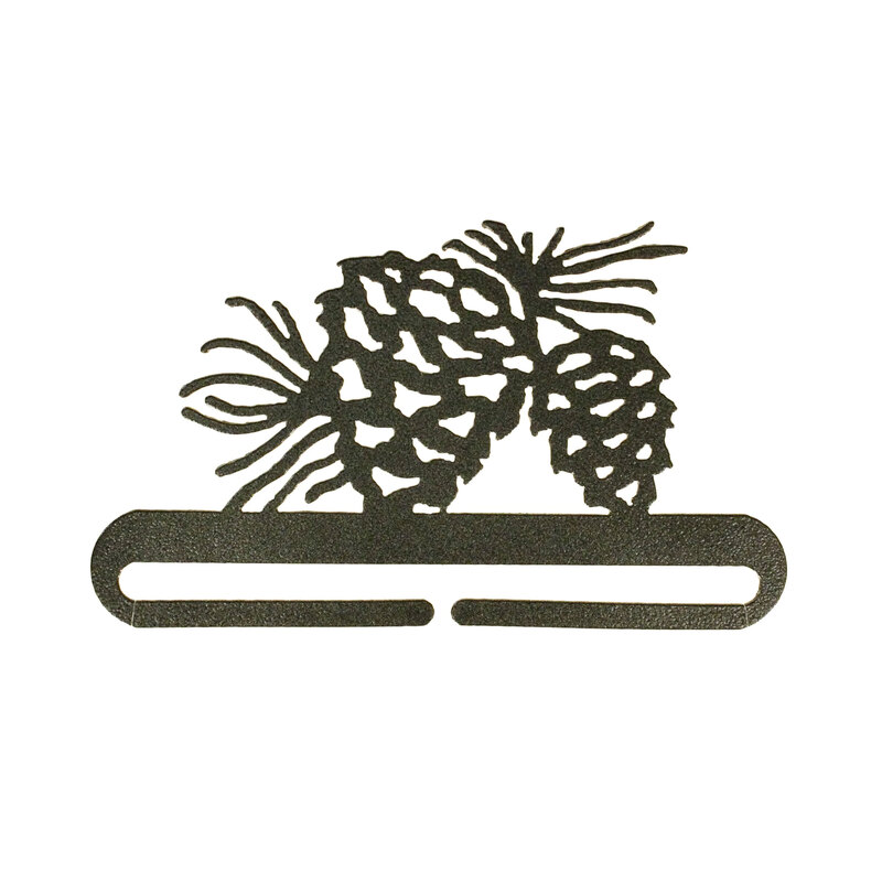 Dark metal display holder with a pine cone accent and split bottom for holding small stitched or quilted pieces.