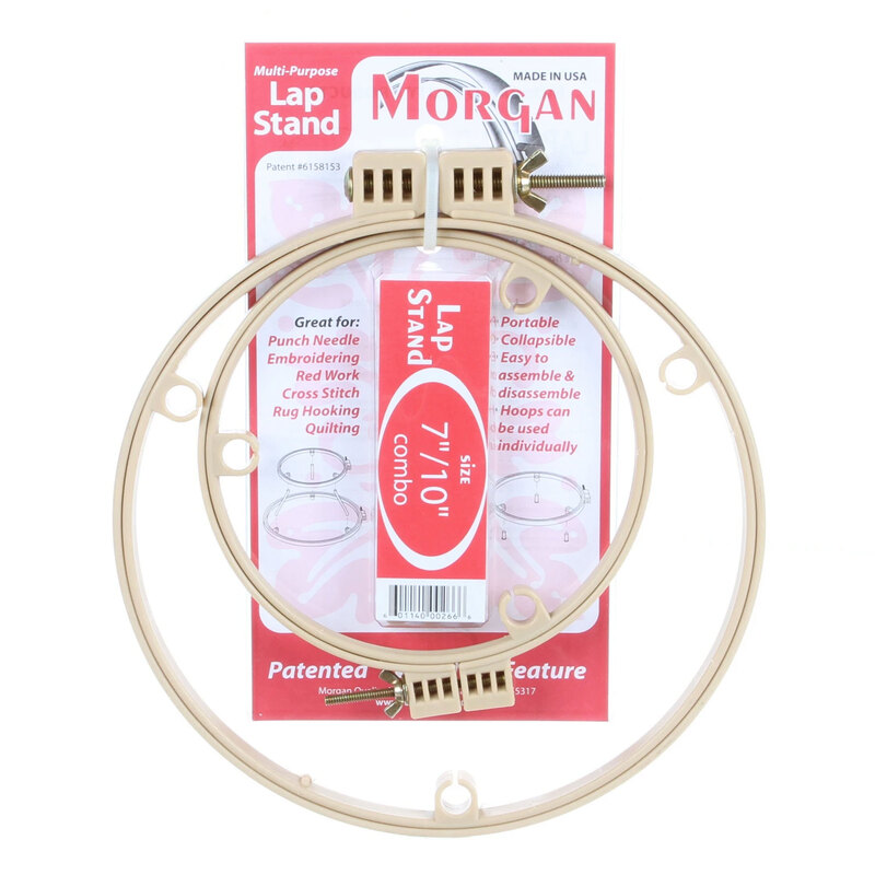 Round needlework lap stand with a large lower hoop, smaller upper hoop, and three support rods holding the hoops apart.