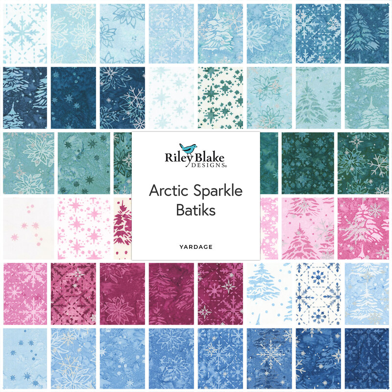 Color swatches of Riley Blake “Arctic Sparkle Batiks” fabric in blue, teal, and pink patterns.