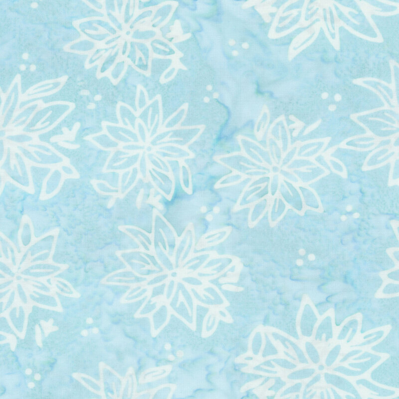 Mottled light aqua batik fabric with a tossed pattern of white florals.