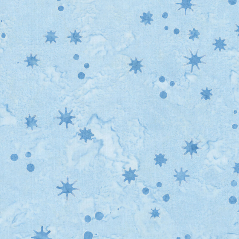 Mottled light blue fabric with a tossed pattern of small dots and irregularly shaped snowflakes.