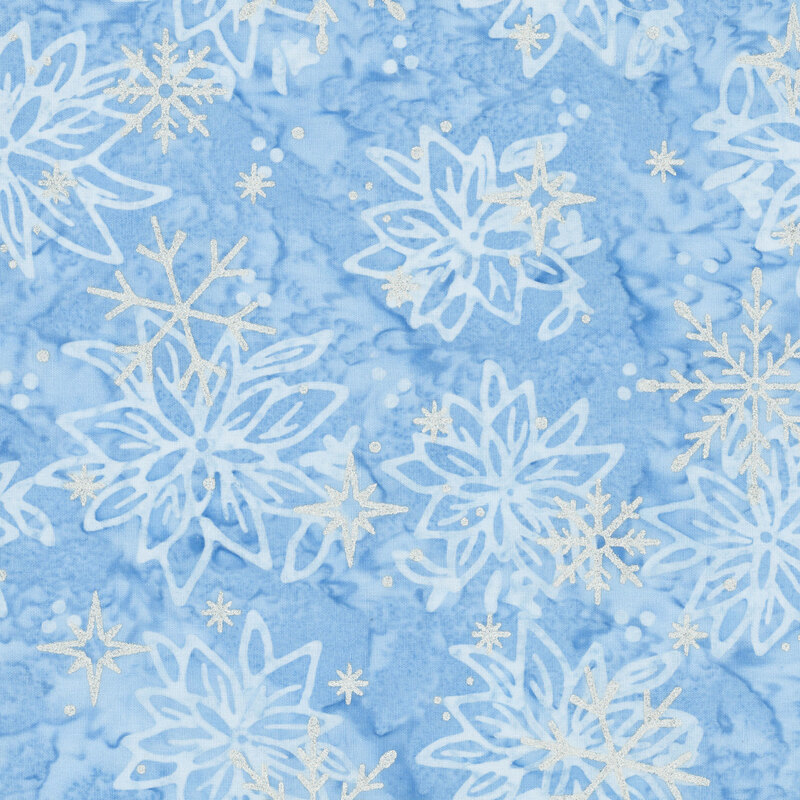 Mottled light blue batik with a tossed floral pattern accented with scattered silver metallic winter motifs.