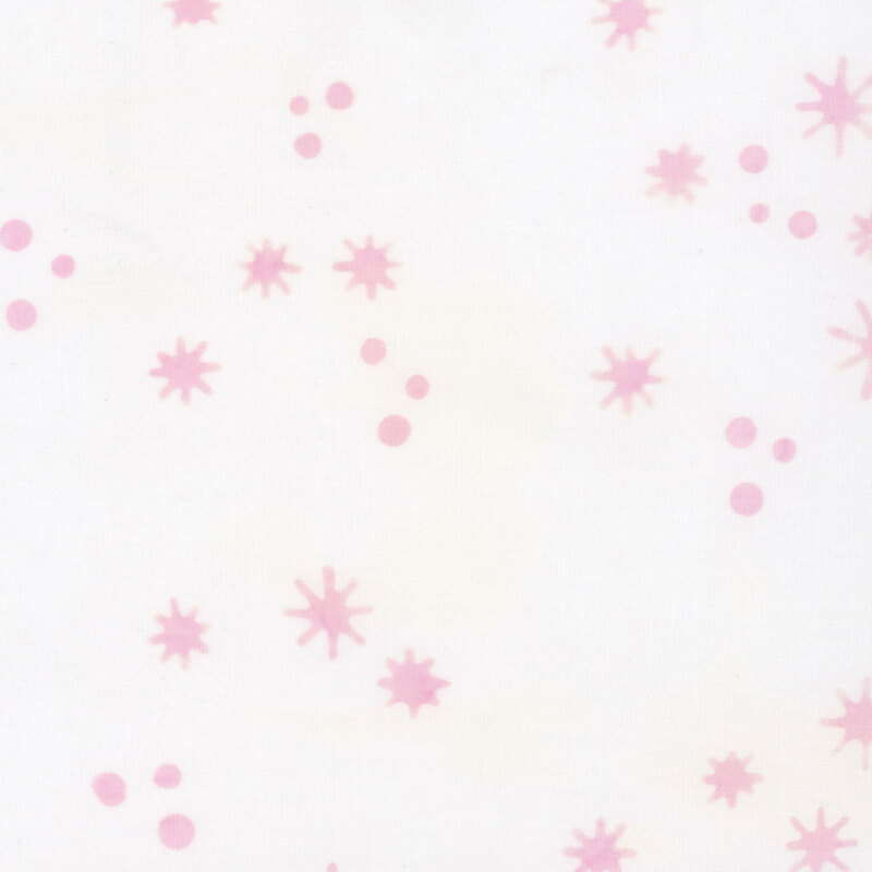 Mottled cream fabric with a tossed pattern of pink small dots and irregularly shaped snowflakes.