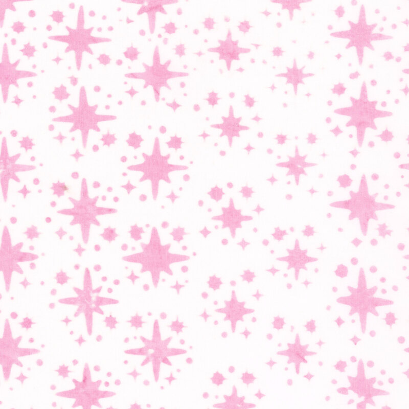 Mottled white fabric with a tossed pattern of pink stars.
