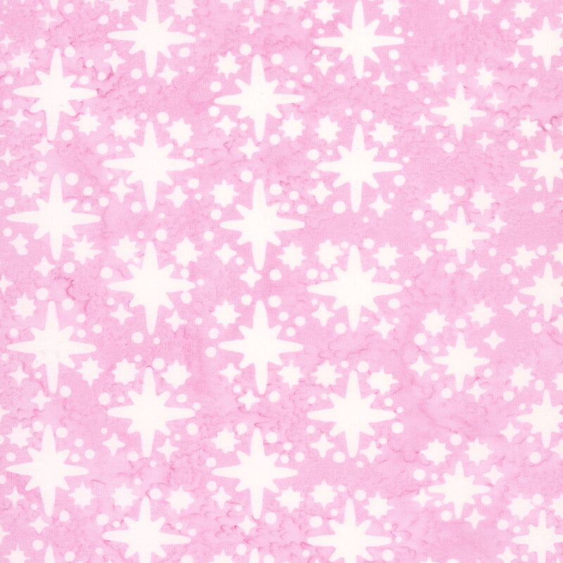 Mottled pink fabric with a tossed pattern of white stars.