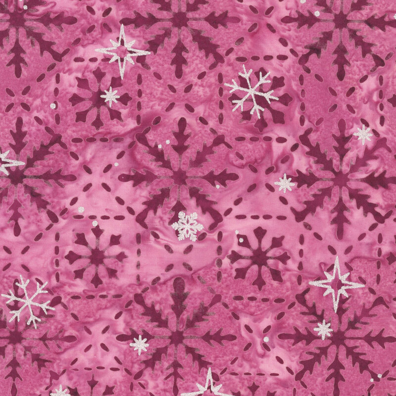 Mottled orchid batik with a lattice pattern with centered snowflakes, accented by scattered silver metallic winter motifs.
