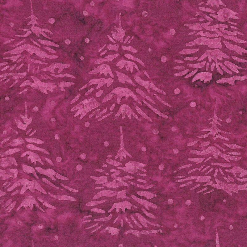 Mottled violet batik fabric features a pattern of tonal pine trees and scattered dots.
