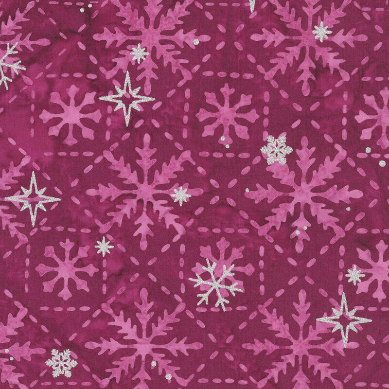 Mottled magenta batik with a lattice pattern with centered snowflakes, accented by scattered silver metallic winter motifs.