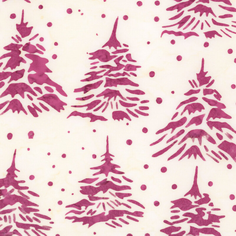 Mottled cream batik fabric with a pattern of violet pine trees and scattered dots.