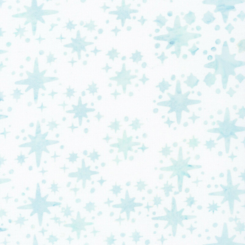 Mottled white fabric with a tossed pattern of aqua stars.