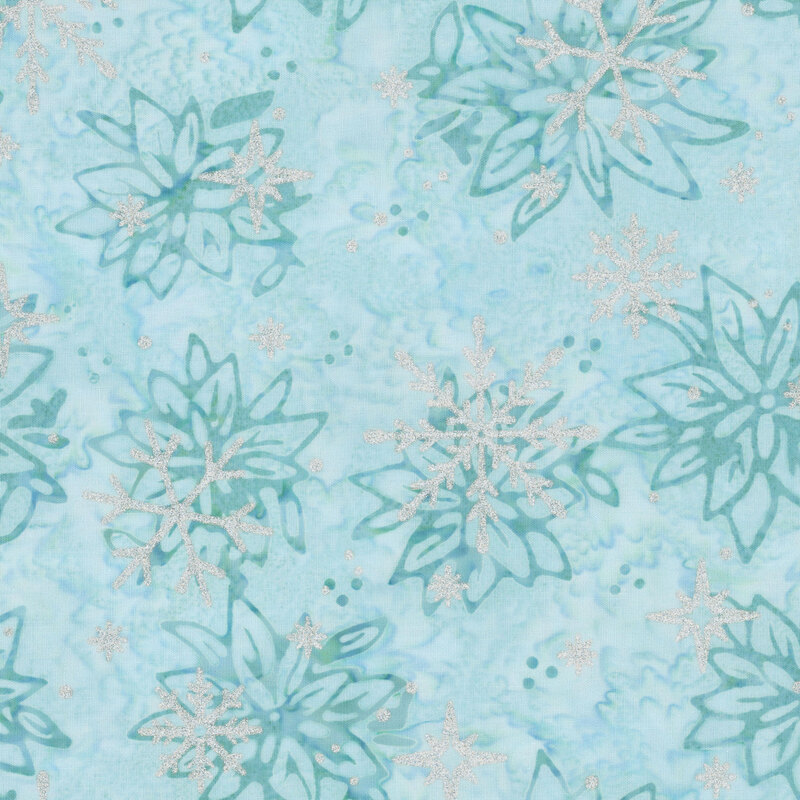 Mottled light aqua batik with a tossed floral pattern accented with scattered silver metallic winter motifs.