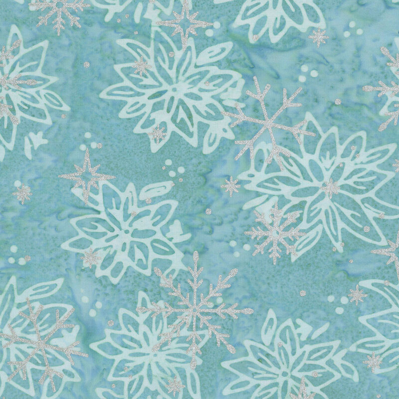 Mottled teal batik with a tossed floral pattern accented with scattered silver metallic winter motifs.