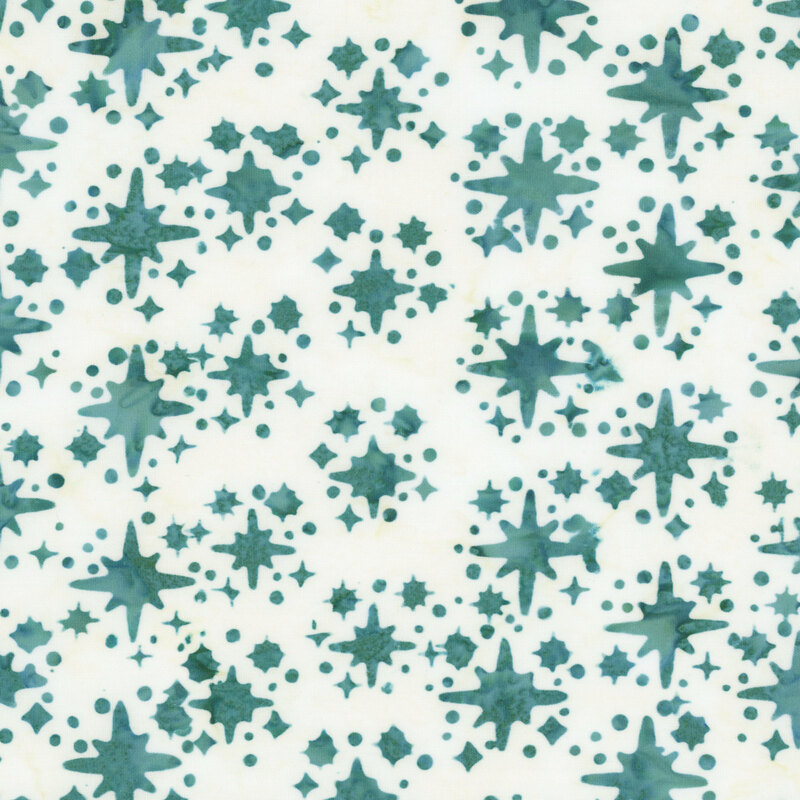 Mottled white fabric with a tossed pattern of teal stars.