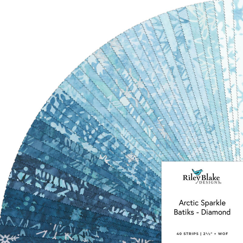 Blue batik fabric swatch with icy diamond pattern and Riley Blake Designs label.