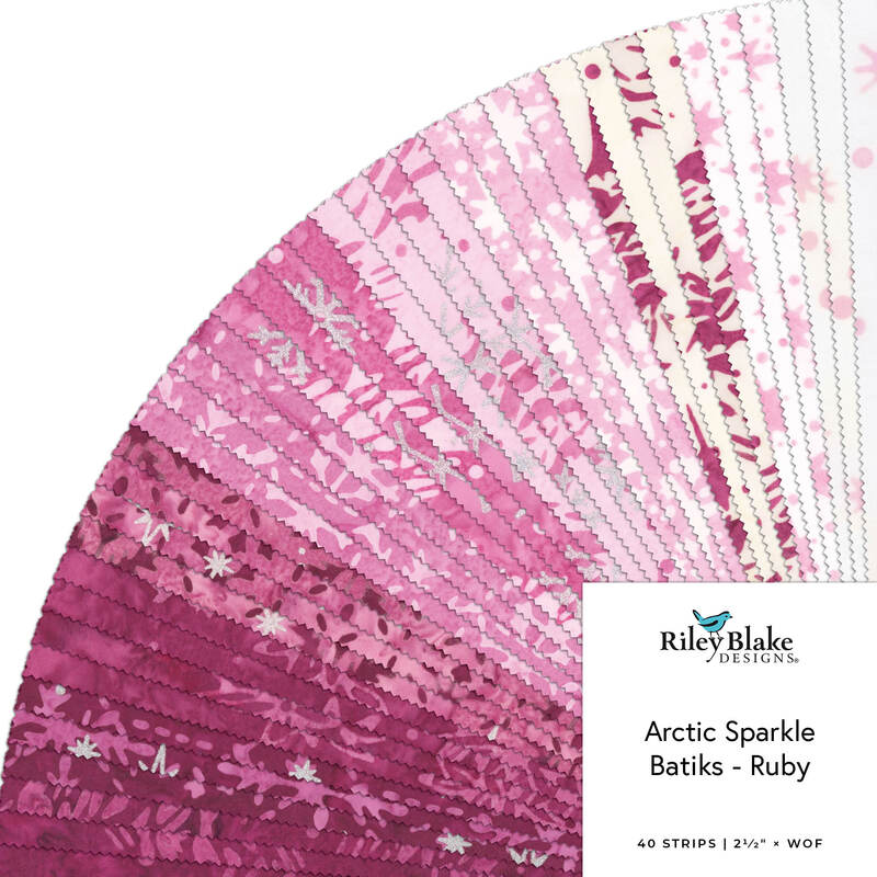 Pink and magenta patterned fabric fan sample with “Arctic Sparkle Batiks - Ruby” label.