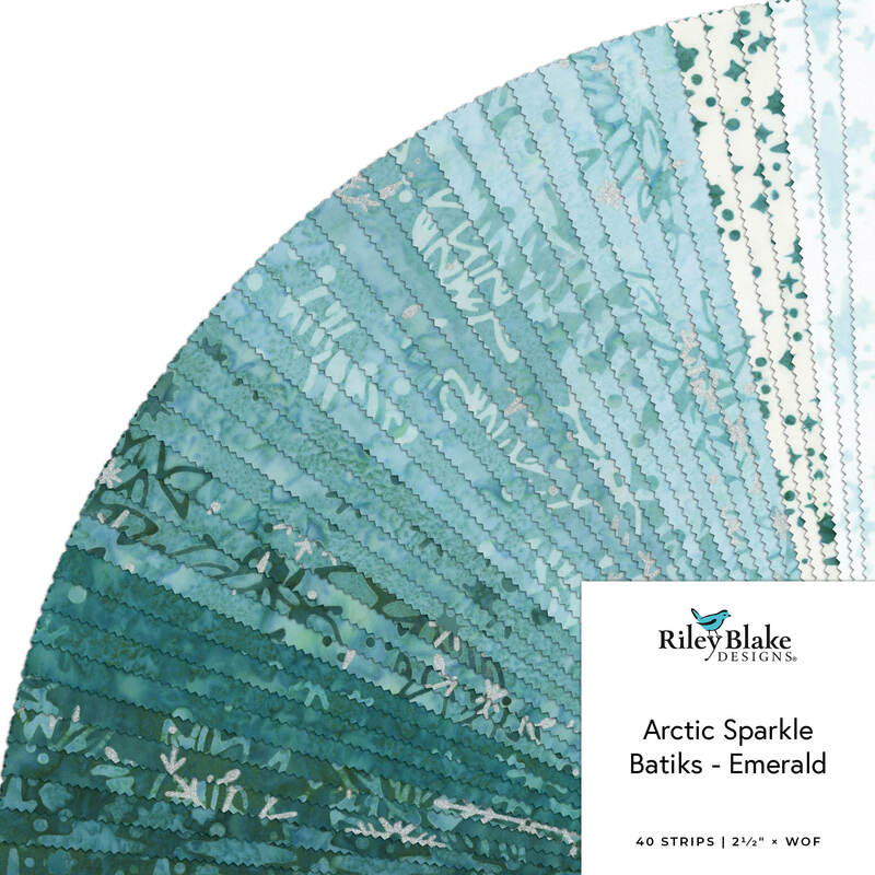 Fan-shaped swatch of teal and emerald batik fabric with the label “Arctic Sparkle Batiks.”