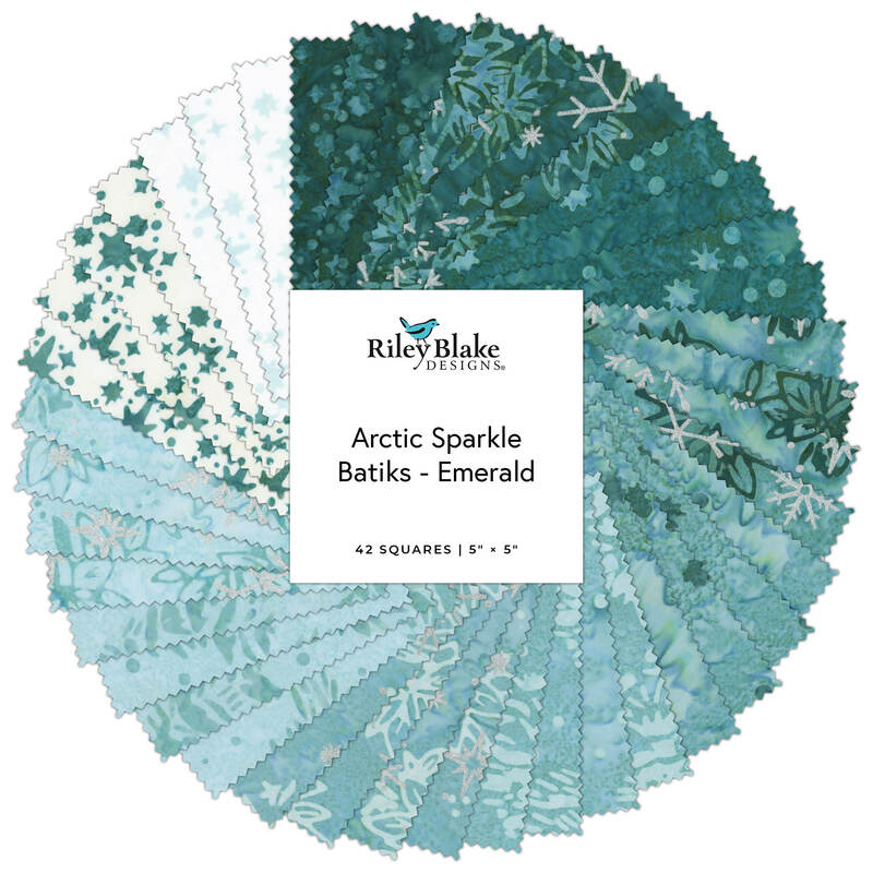 Fabric charm pack labeled “Arctic Sparkle Batiks – Emerald” in teal and aqua prints.