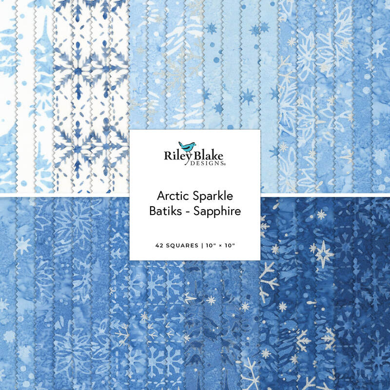 Blue and white Arctic Sparkle batik fabric squares by Riley Blake Designs.