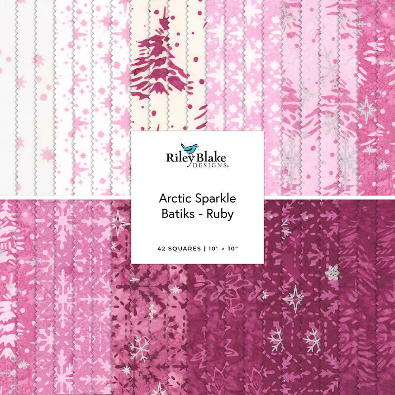 Fabric squares in pink and magenta with snowflake and tree patterns, labeled “Arctic Sparkle Bats - Ruby.”