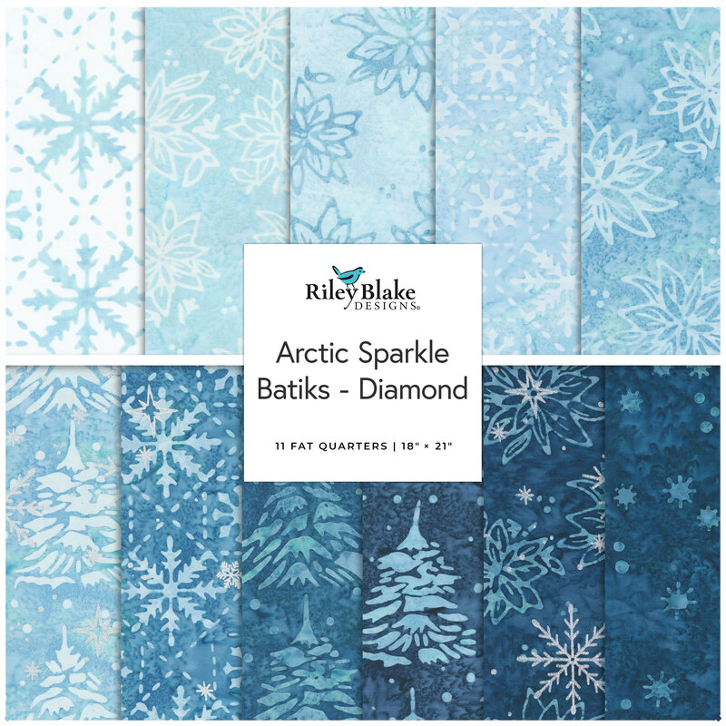 Fabric bundle with icy blue and navy winter prints, labeled Arctic Sparkle Batiks - Diamond.