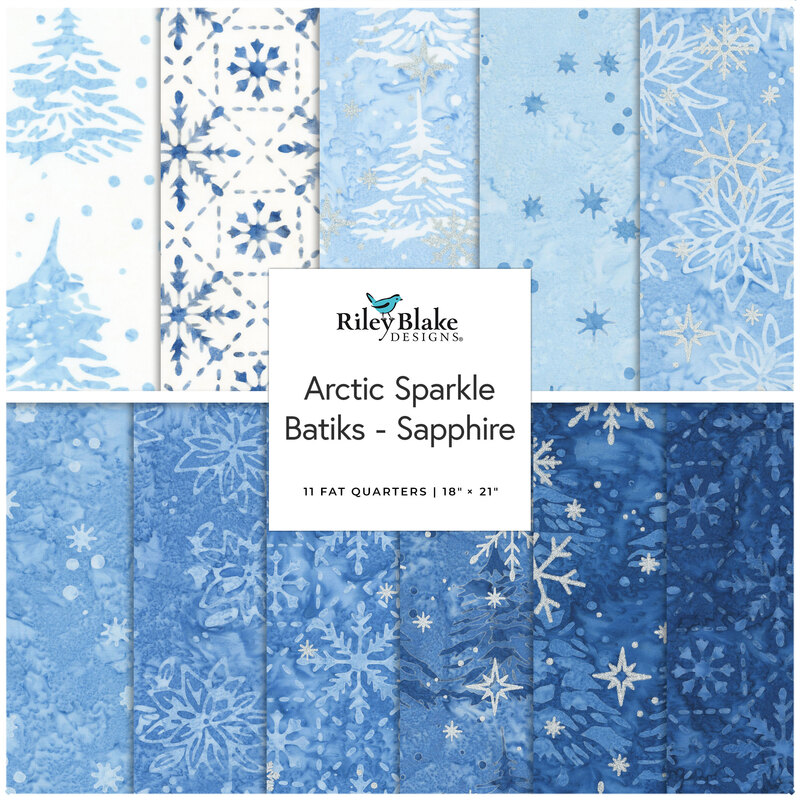 Blue and white fabric swatches labeled “Arctic Sparkle Batiks - Sapphire.”