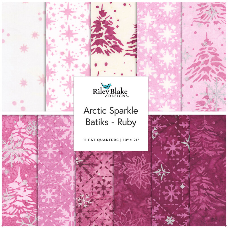 Assorted pink and magenta Arctic Sparkle Batiks fabric bundle by Riley Blake Designs.