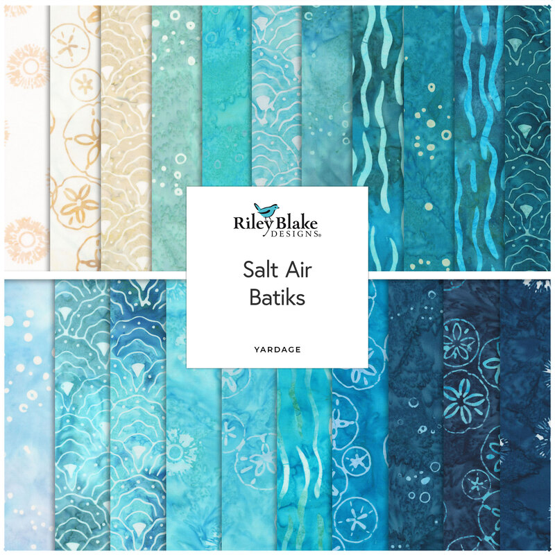 square collage of cream, aqua, teal and blue ocean-themed batiks.