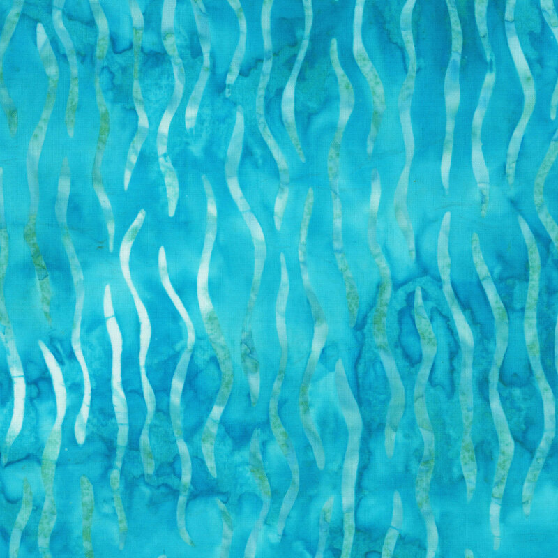 vibrant turquoise blue fabric featuring wavy vertical lines in soft aqua and pale green on a mottled background.