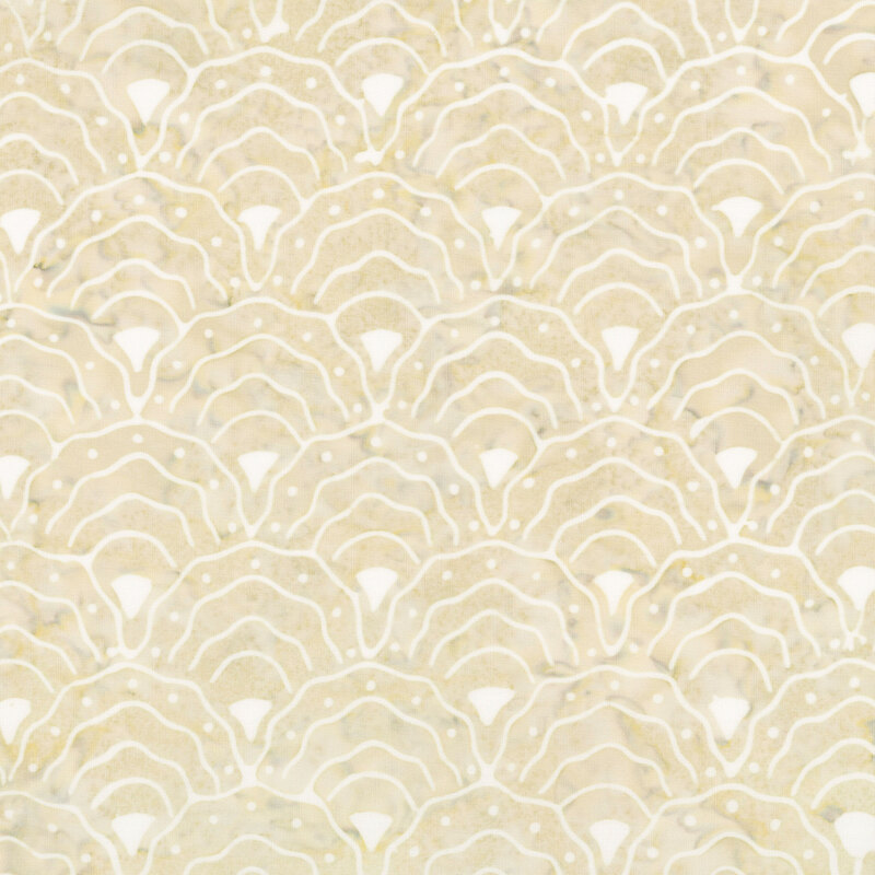 cream mottled fabric with a repeating pattern of scalloped fan motifs in white