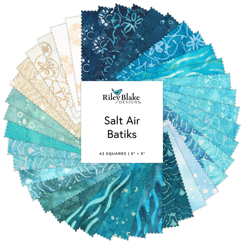 circular collage of cream, aqua, teal and blue ocean-themed batiks.