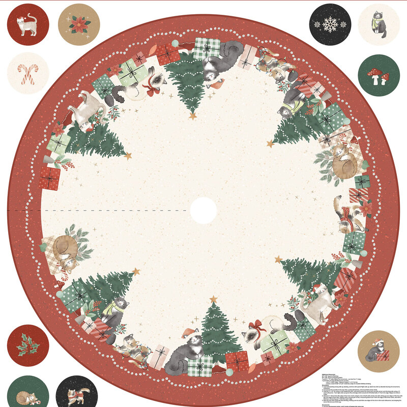 Cream-colored tree skirt panel with a bordering ring of Christmas trees, presents, and cats.