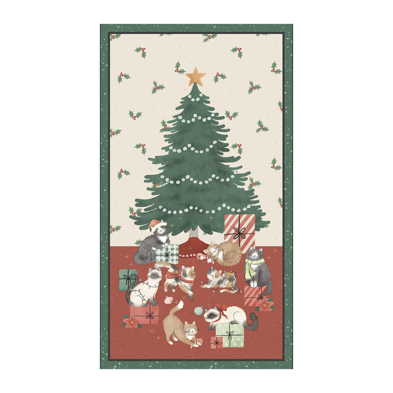 Panel fabric with a scene of cats playing with Christmas presents in front of a Christmas tree, surrounded by tossed holly sprigs and stars.