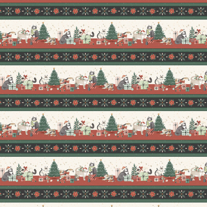 Festive border stripe with scenes of cats playing around Christmas trees and presents, separated by stripes of poinsettias and pine sprigs.