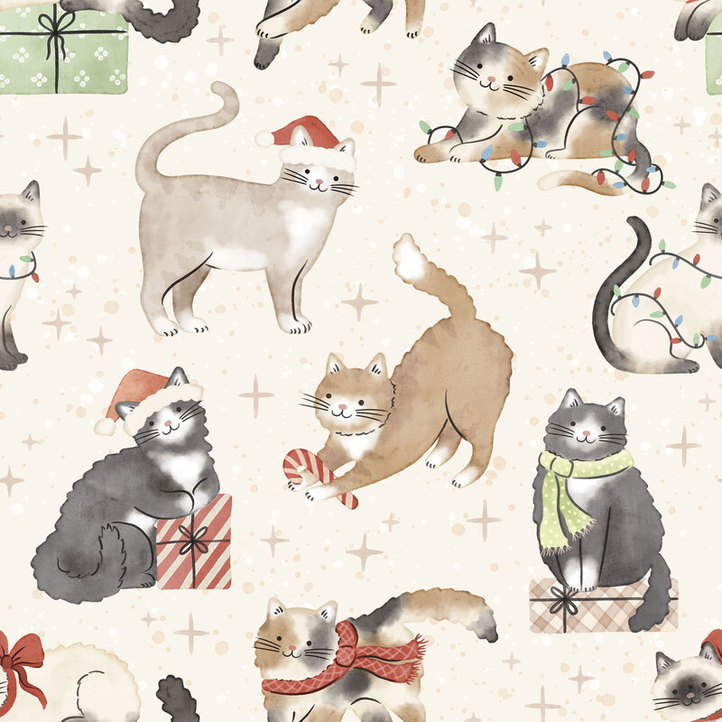 Cream fabric with a spread of cats playing with all sorts of Christmas decorations and presents.