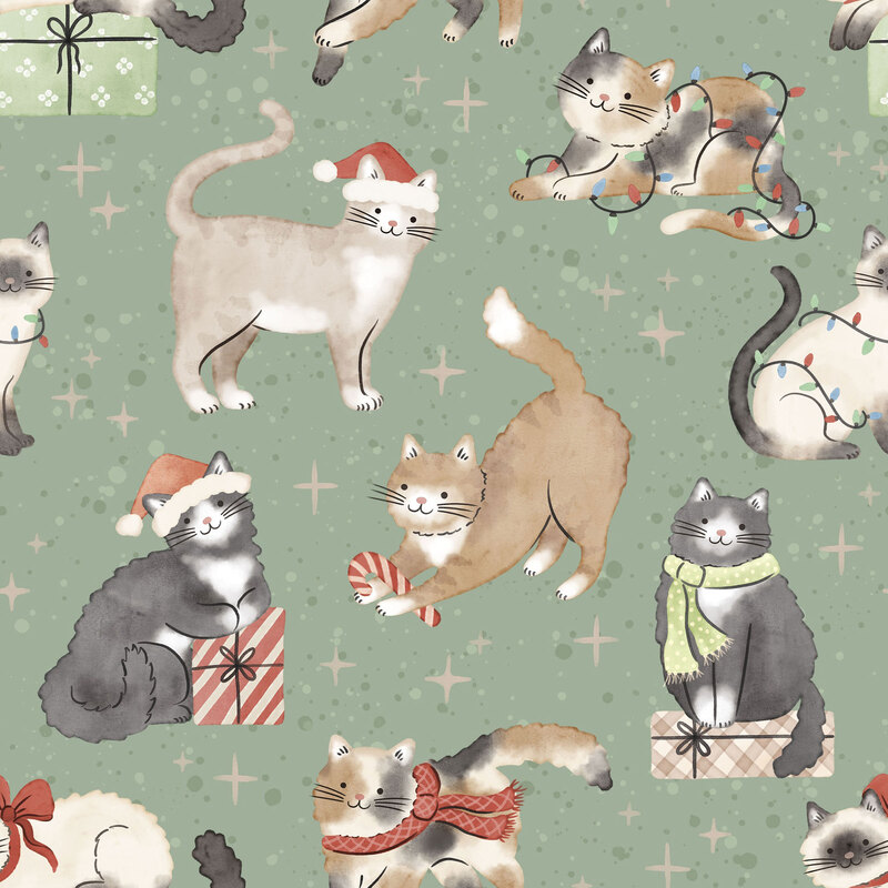 Cool sage fabric with a spread of cats playing with all sorts of Christmas decorations and presents.