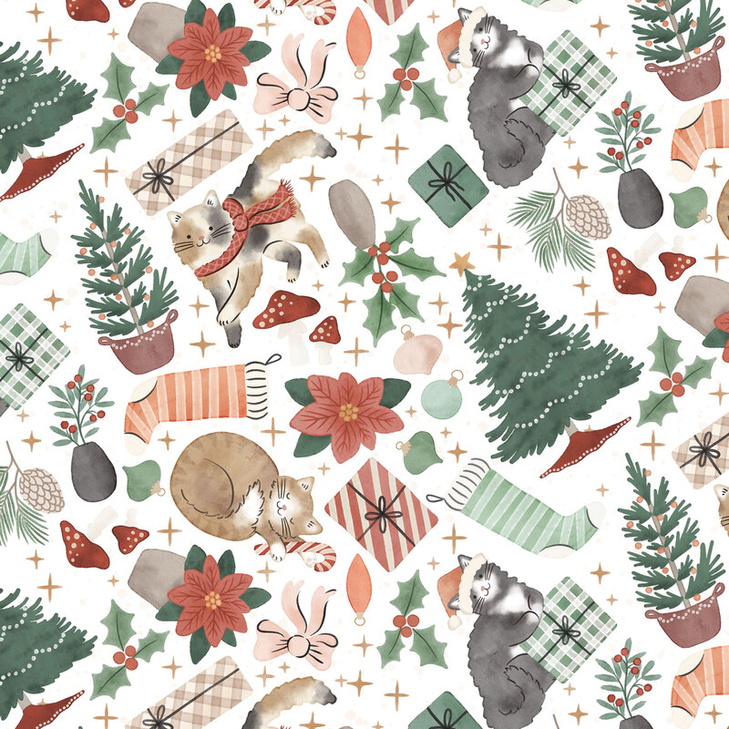 White fabric with a packed, tossed design of cats and soft Christmas motifs like poinsettias, Christmas trees, stockings, ornaments, and more.